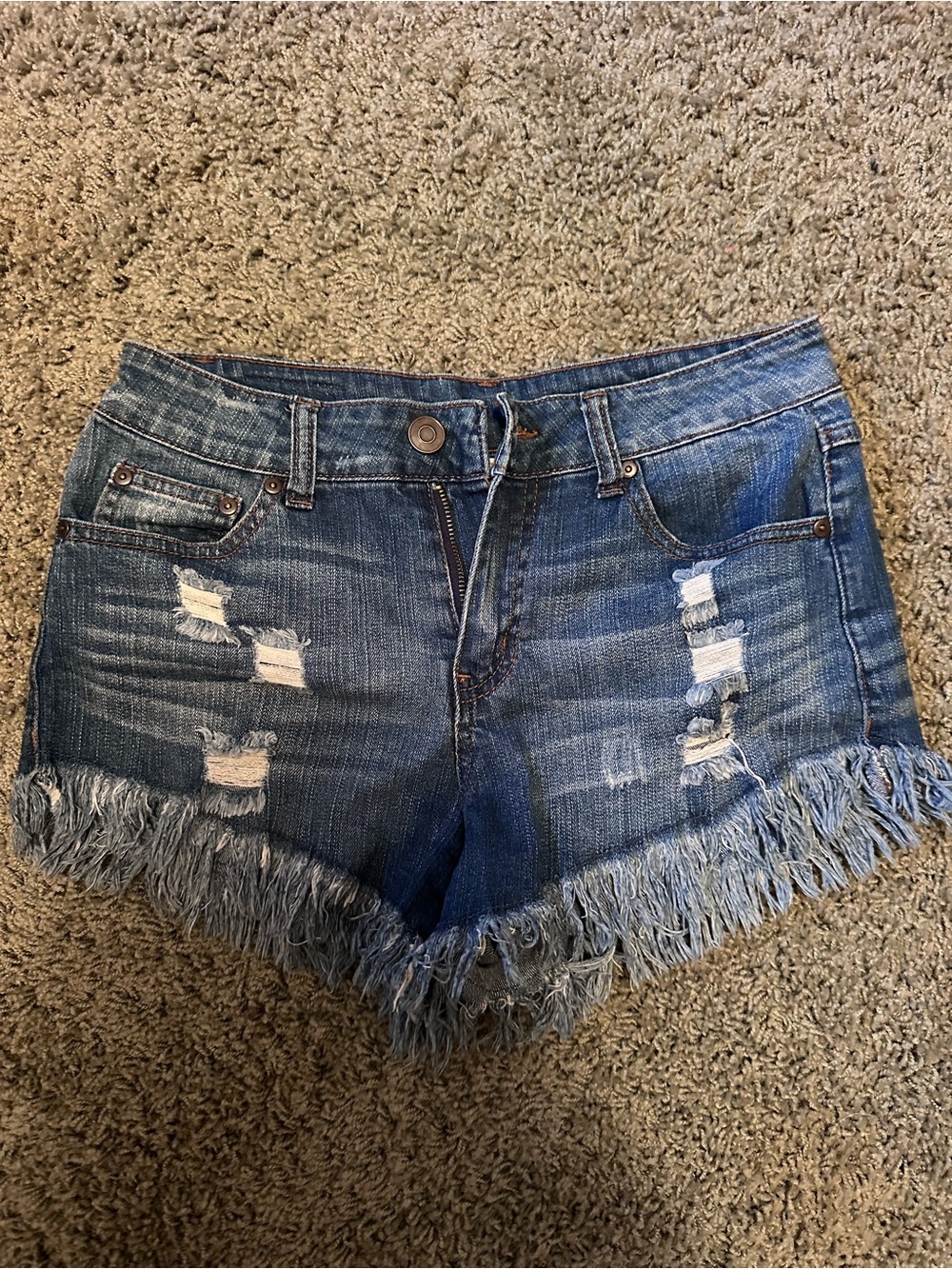 elan Distressed Denim Shorts Medium Blue Wash Long Fringe Hem